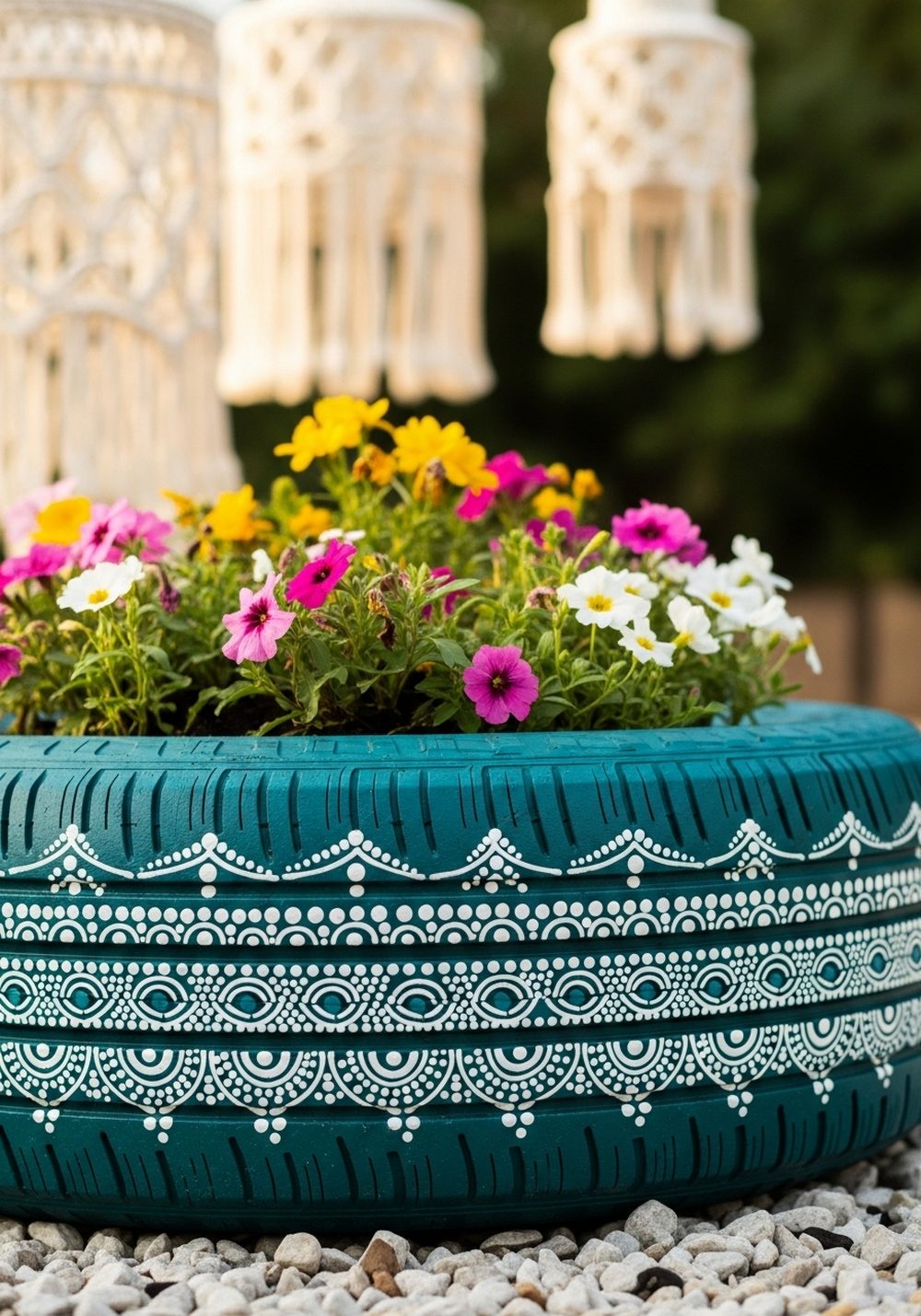 Boho Mandala Painted Tire Planter
