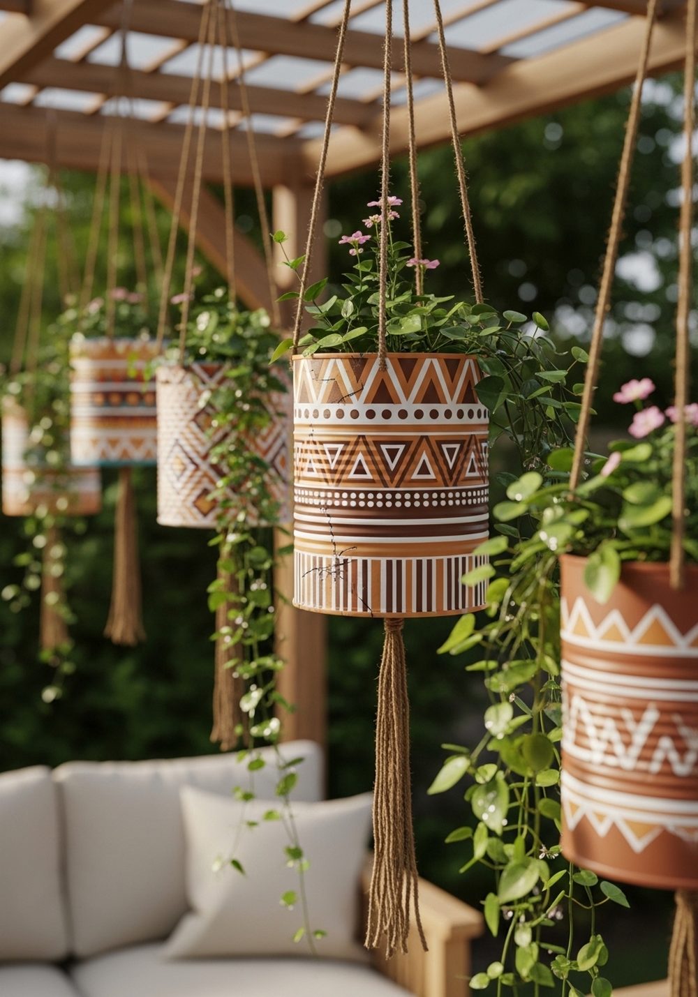 Boho Patterned Hanging Tin Cans
