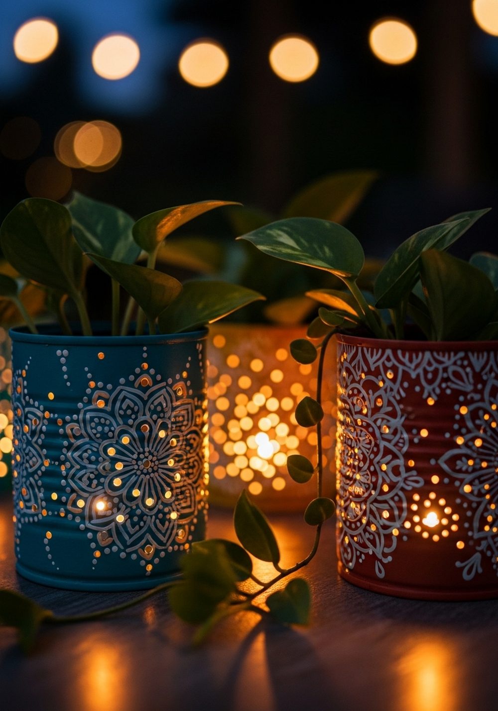 Boho Patterned Tin Can Lantern Planters