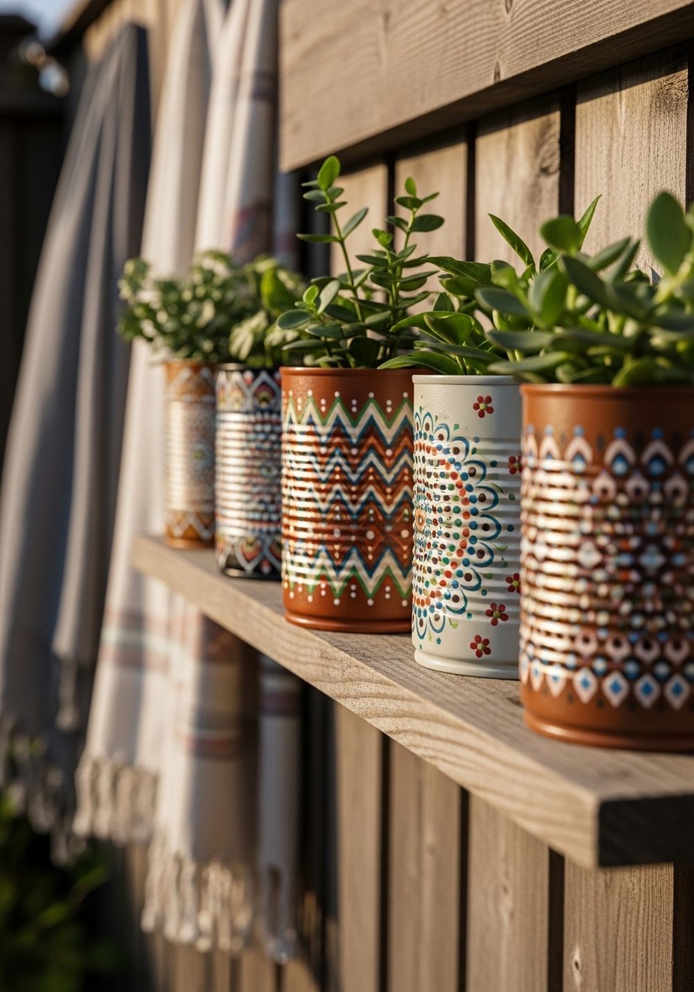 Boho Patterned Tin Can Shelf Display