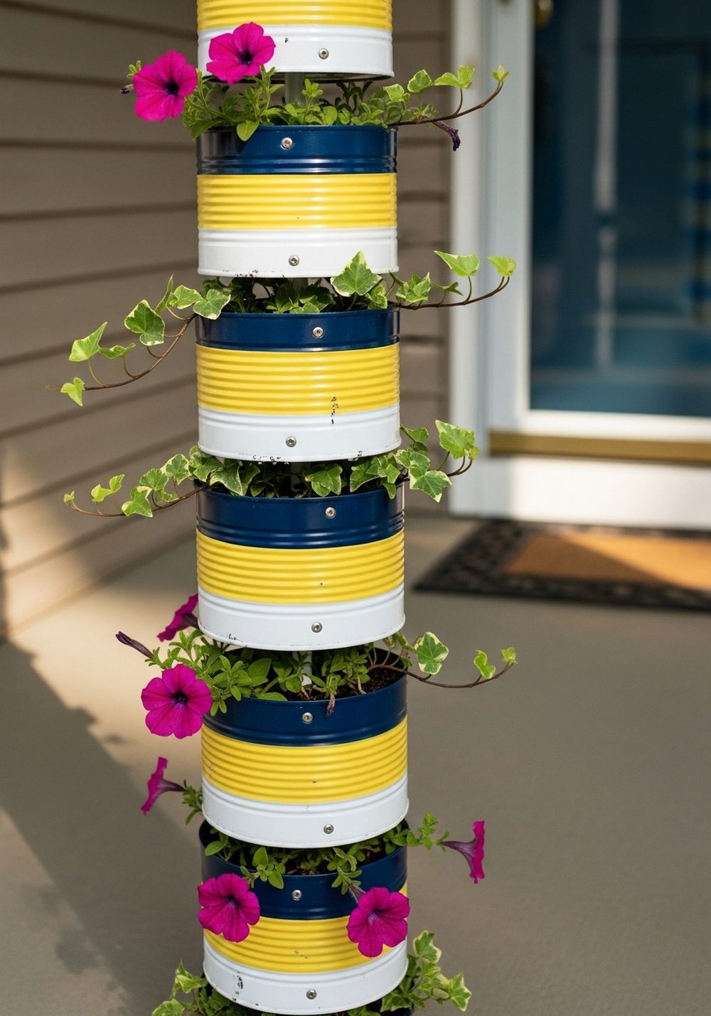 Bold Striped Tin Can Flower Tower