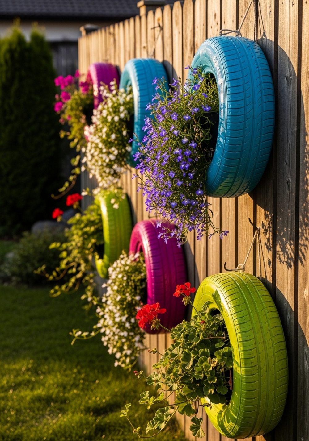 Bright Hanging Tire Planters on the Fence