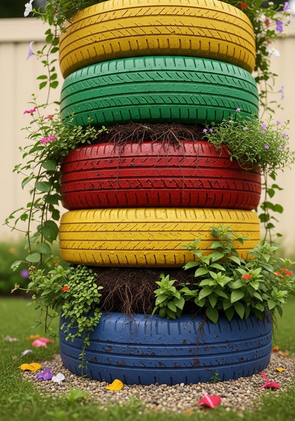 Bright Rainbow Stacked Tire Planter Tower