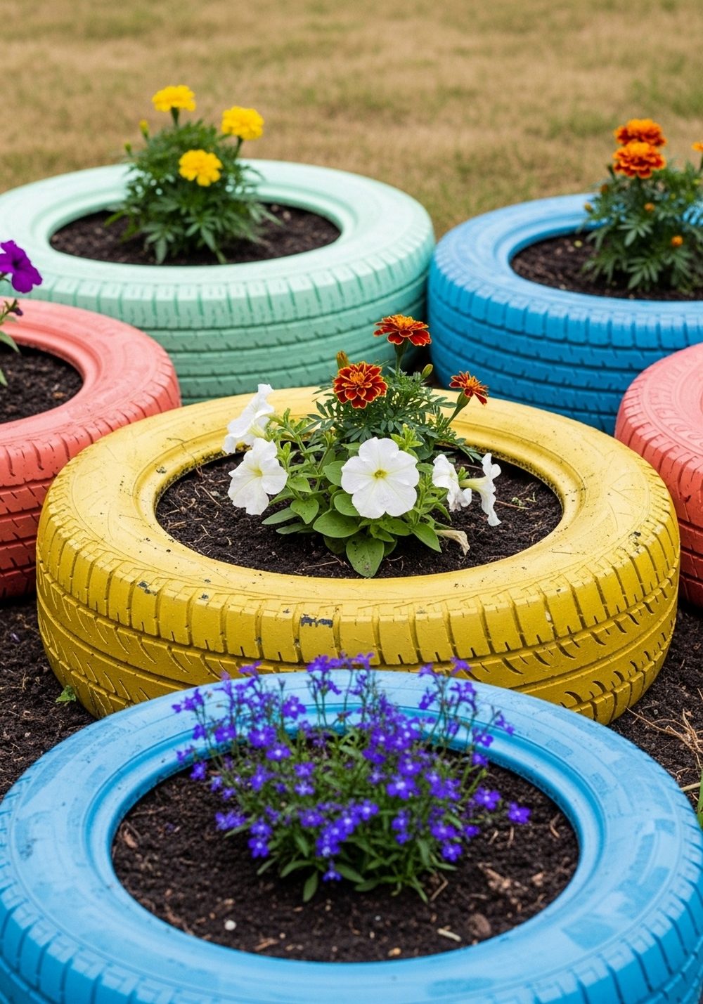 Brightly Painted Tire Flower Beds