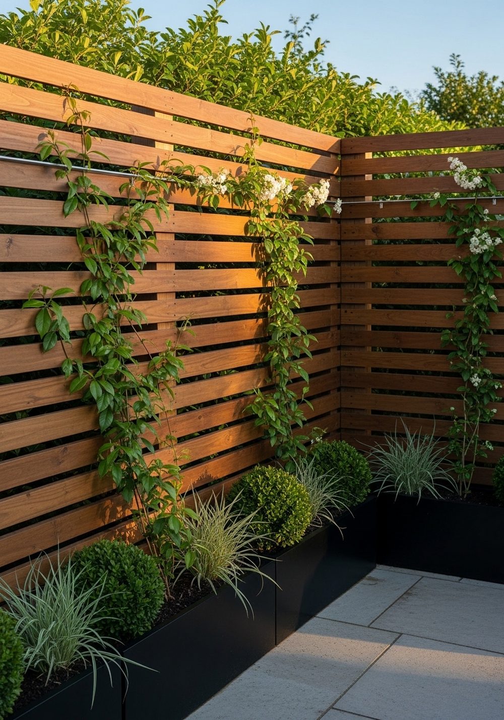 Build A Slatted Pallet Privacy Wall With Climbing Greenery