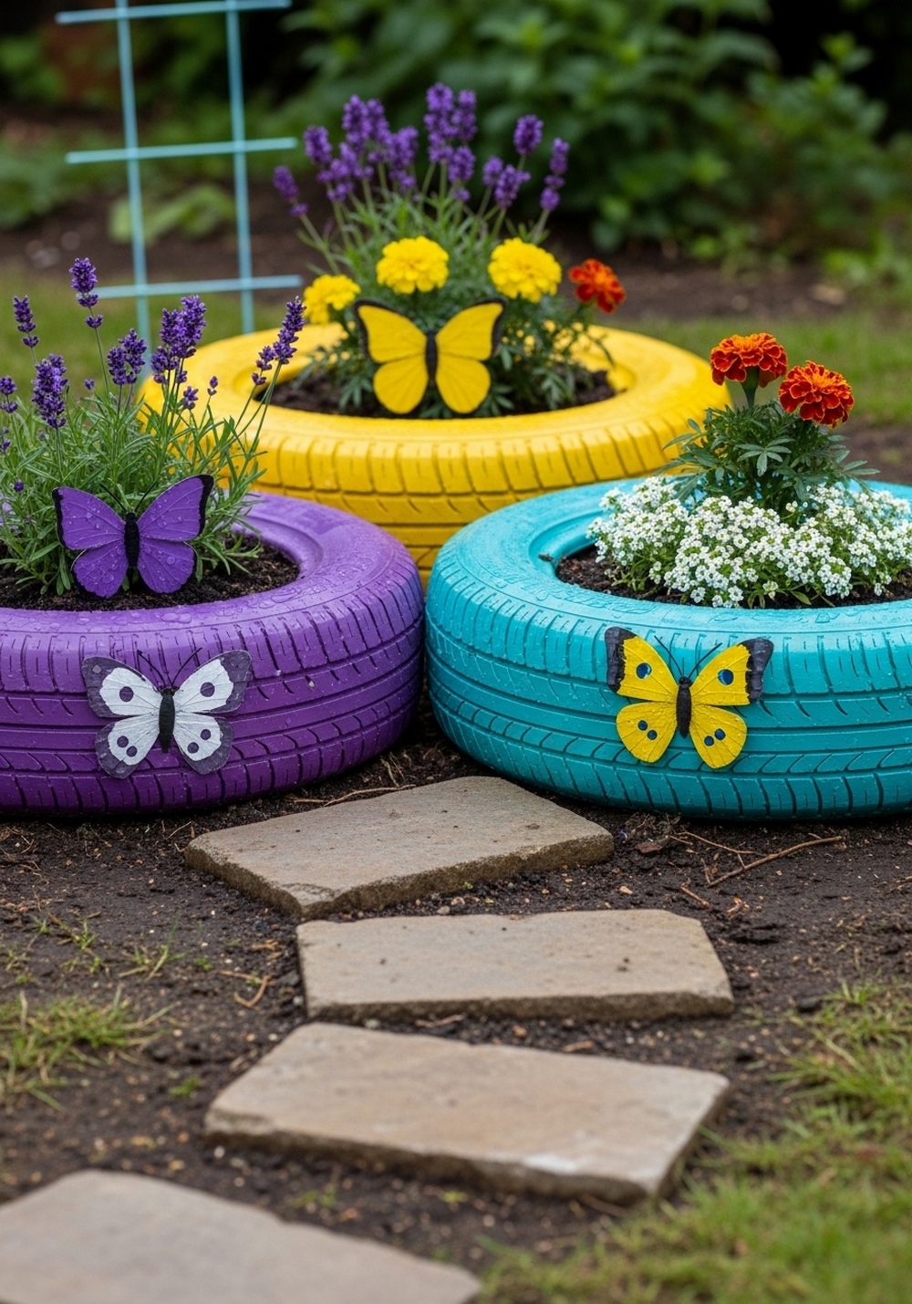 Butterfly-Themed Tire Planter Cluster