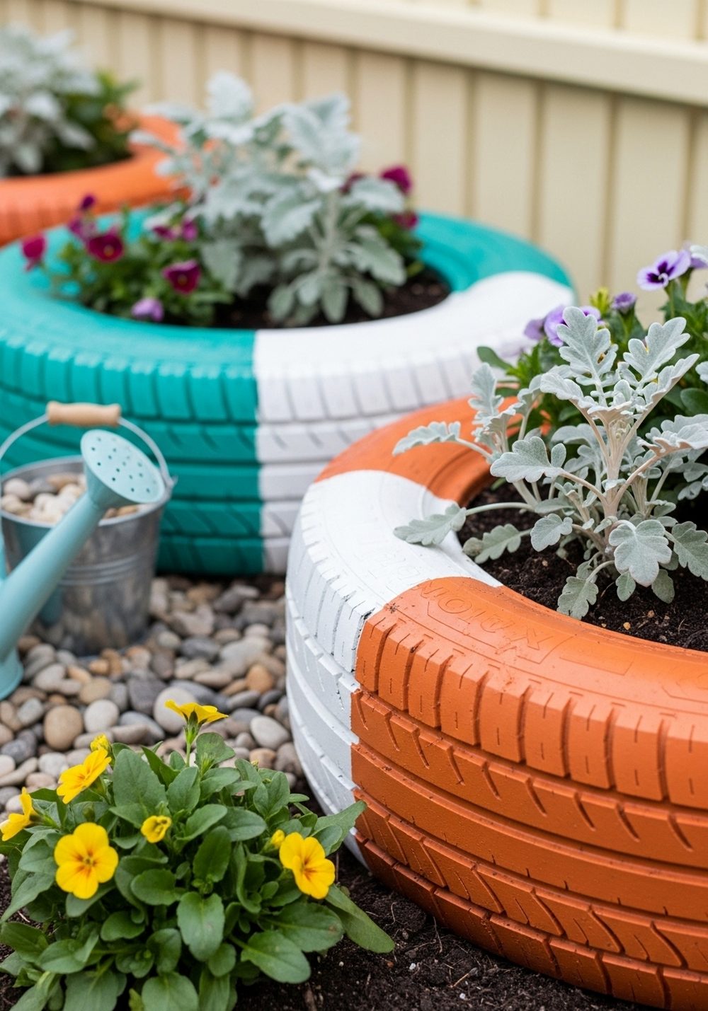 Chalk-Paint Tire Planters With Color Blocks