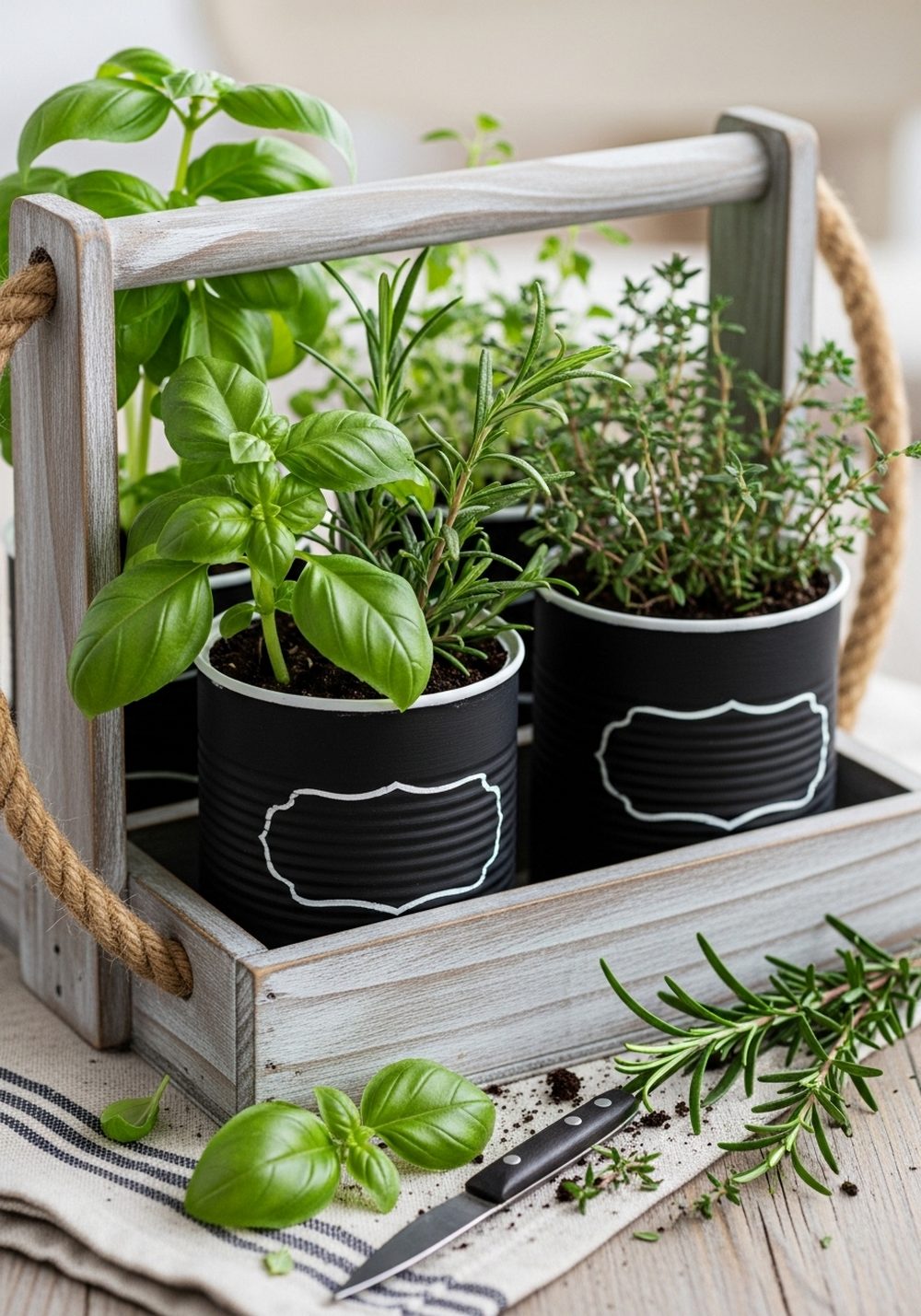 Chalkboard-Label Herb Cans In A Rustic Caddy
