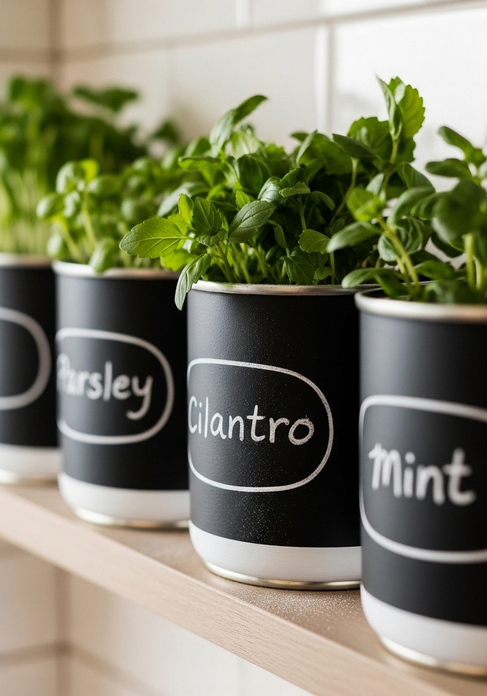 Chalkboard-Painted Tin Cans For Labelled Kitchen Herbs