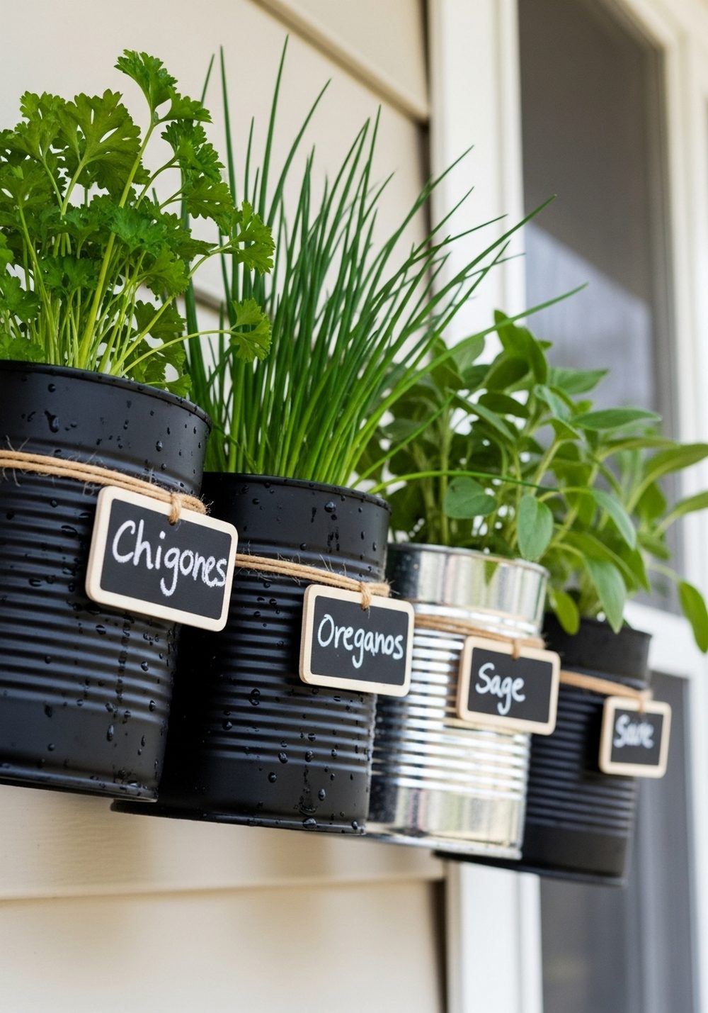 Chalkboard-Tag Tin Can Herb Porch Display