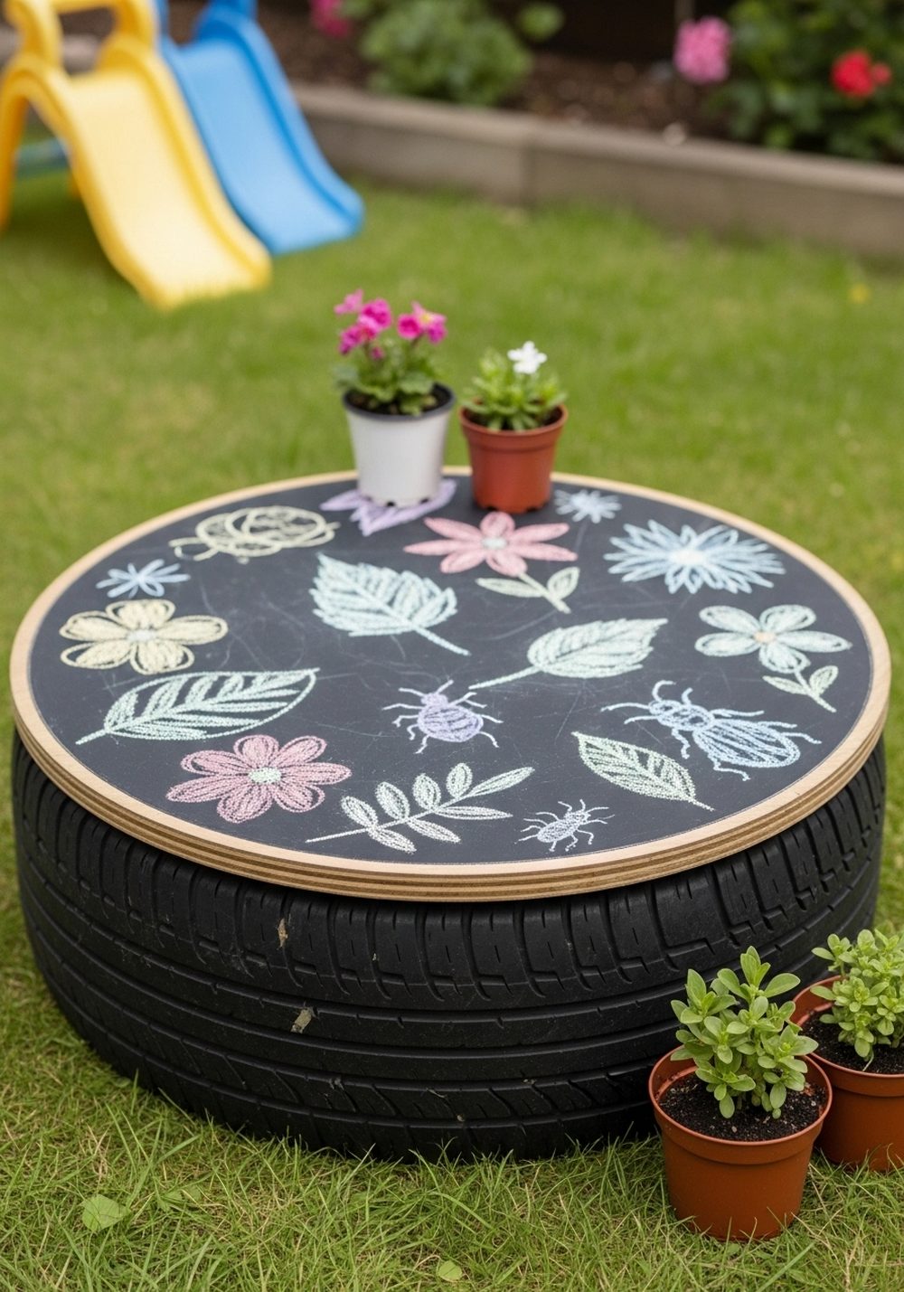 Chalkboard-Topped Tire Garden Table