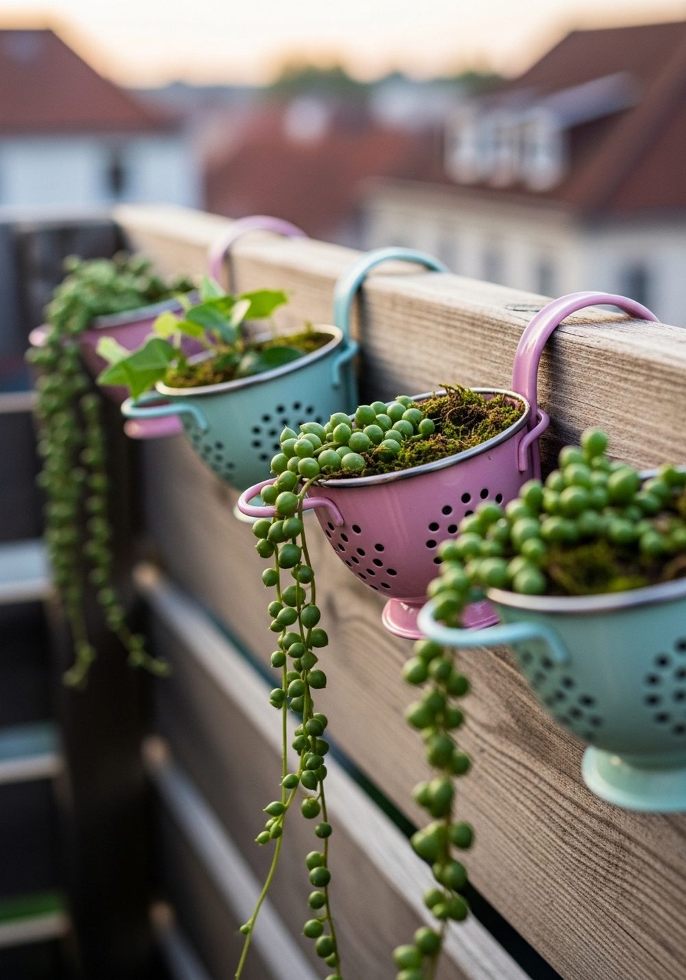 Clip Mini Colander Planters Along A Balcony Or Deck Railing