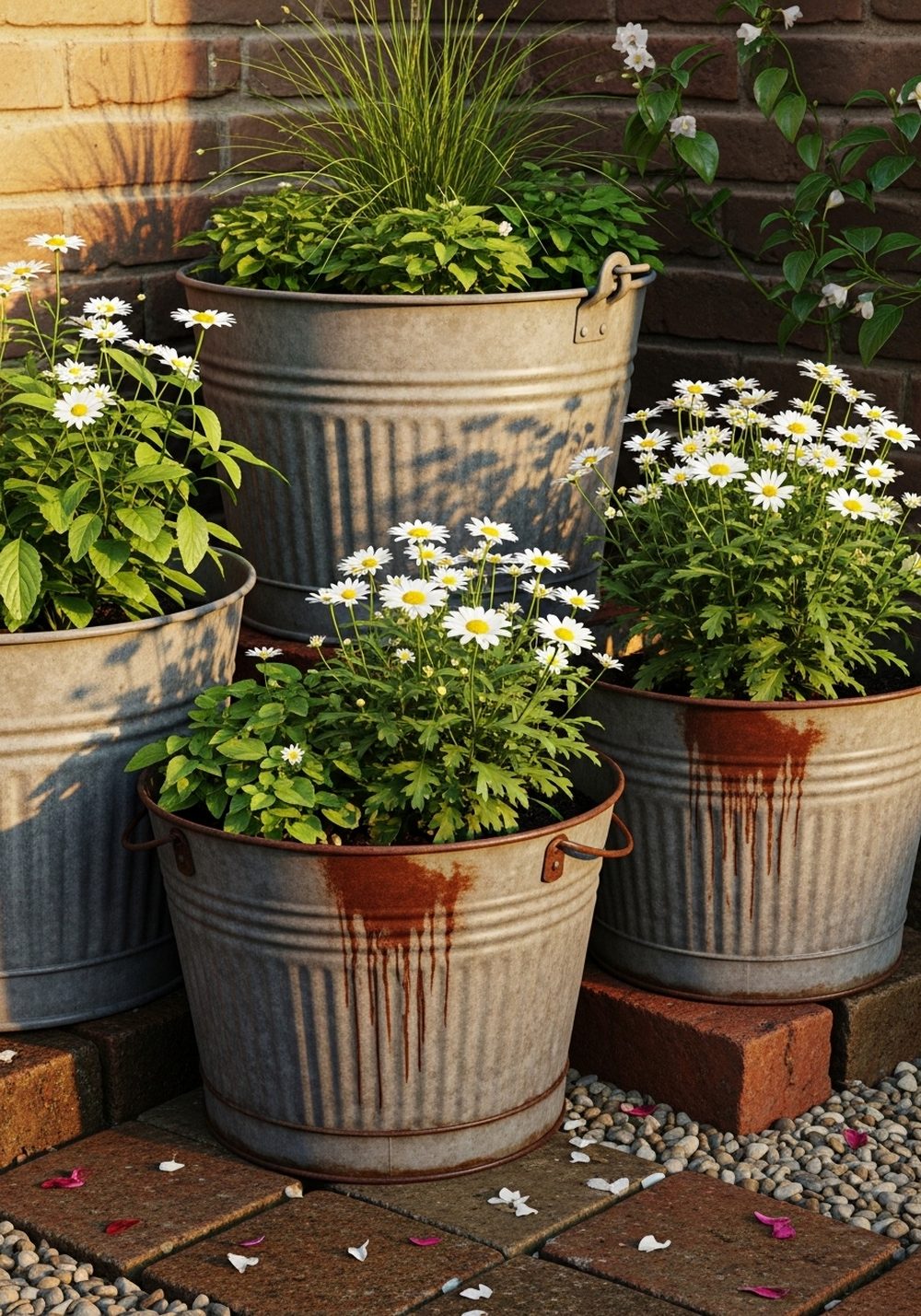 Cluster Galvanized Buckets As Rustic Planters