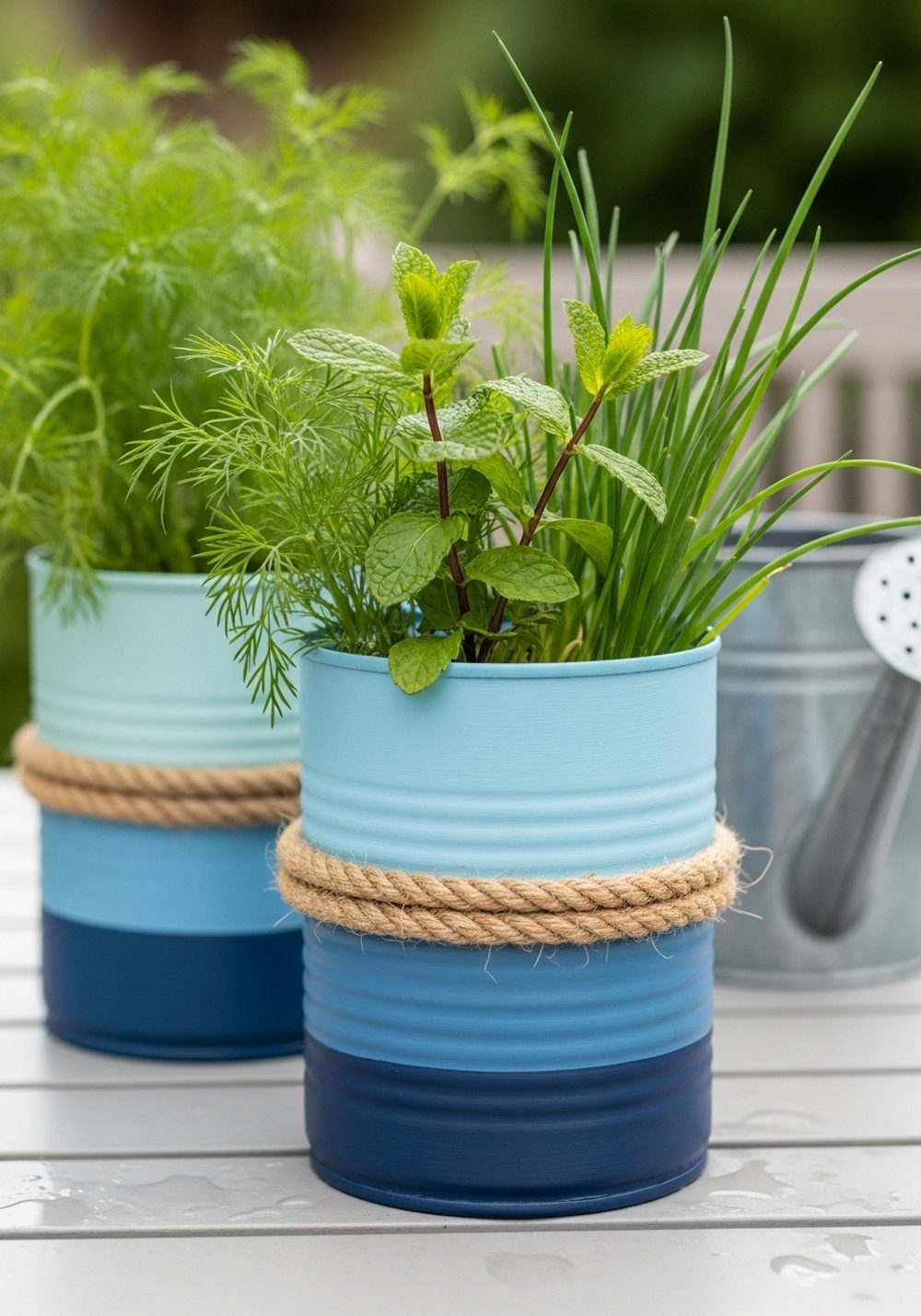 Coastal Blue Cans With Rope Wrap Accents