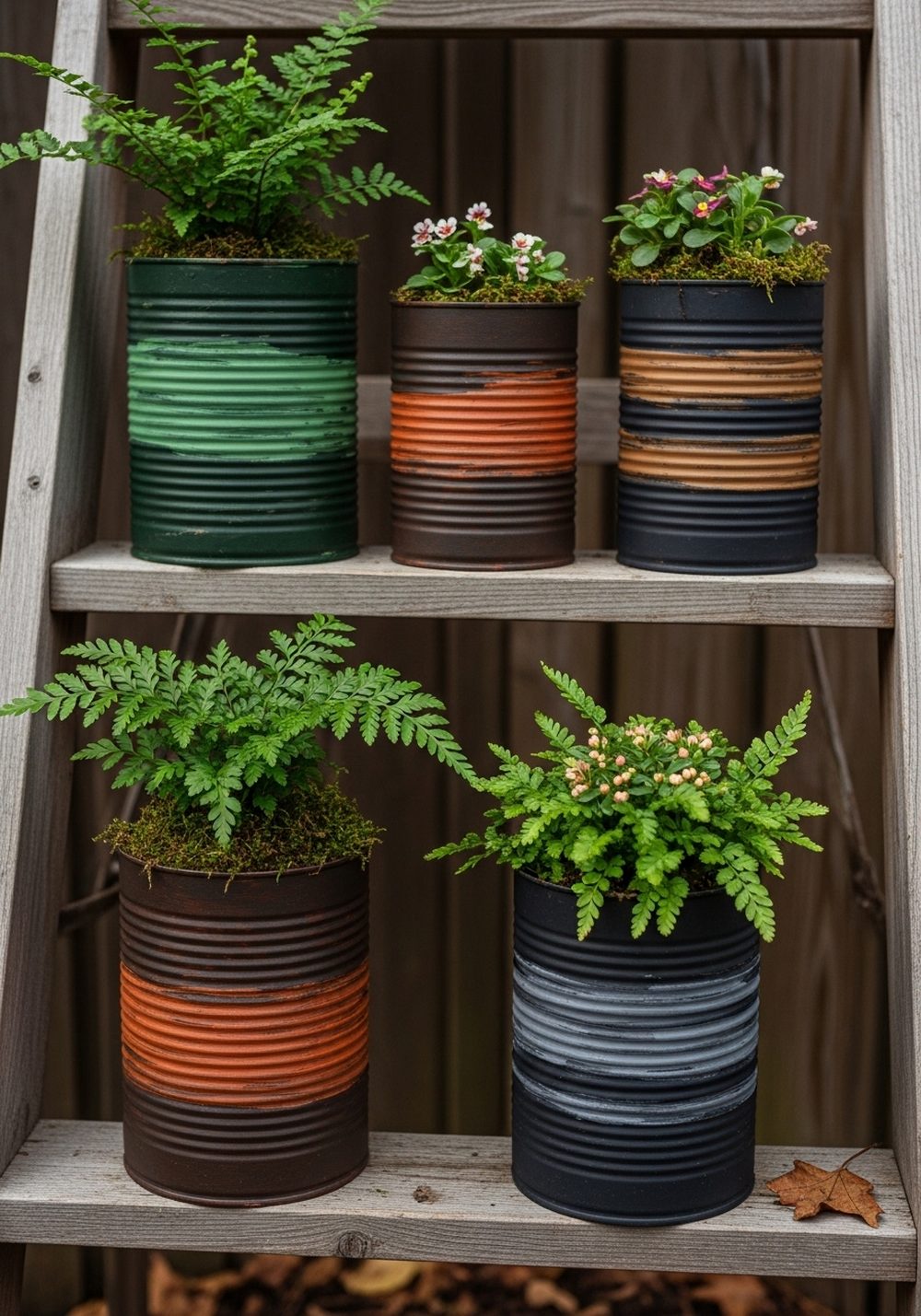 Coffee Tin Planters On A Rustic Ladder Shelf