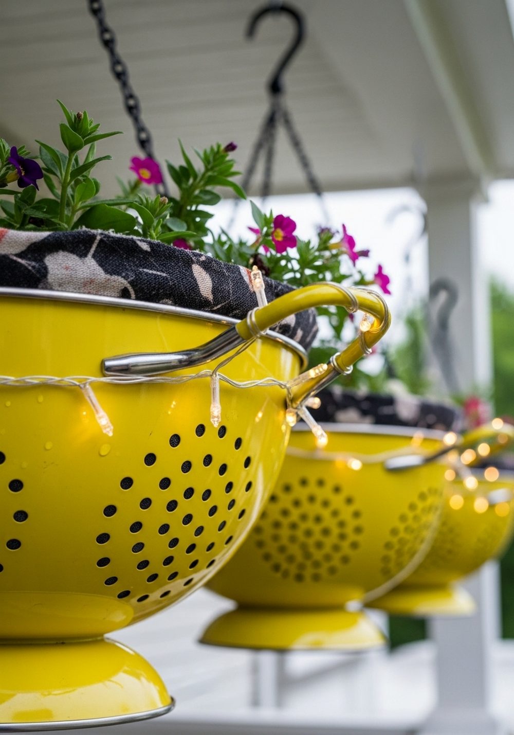 Colander Fairy Light Hanging Baskets