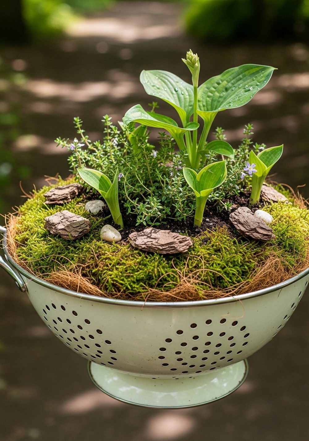Colander Lined With Moss For A Woodland Look