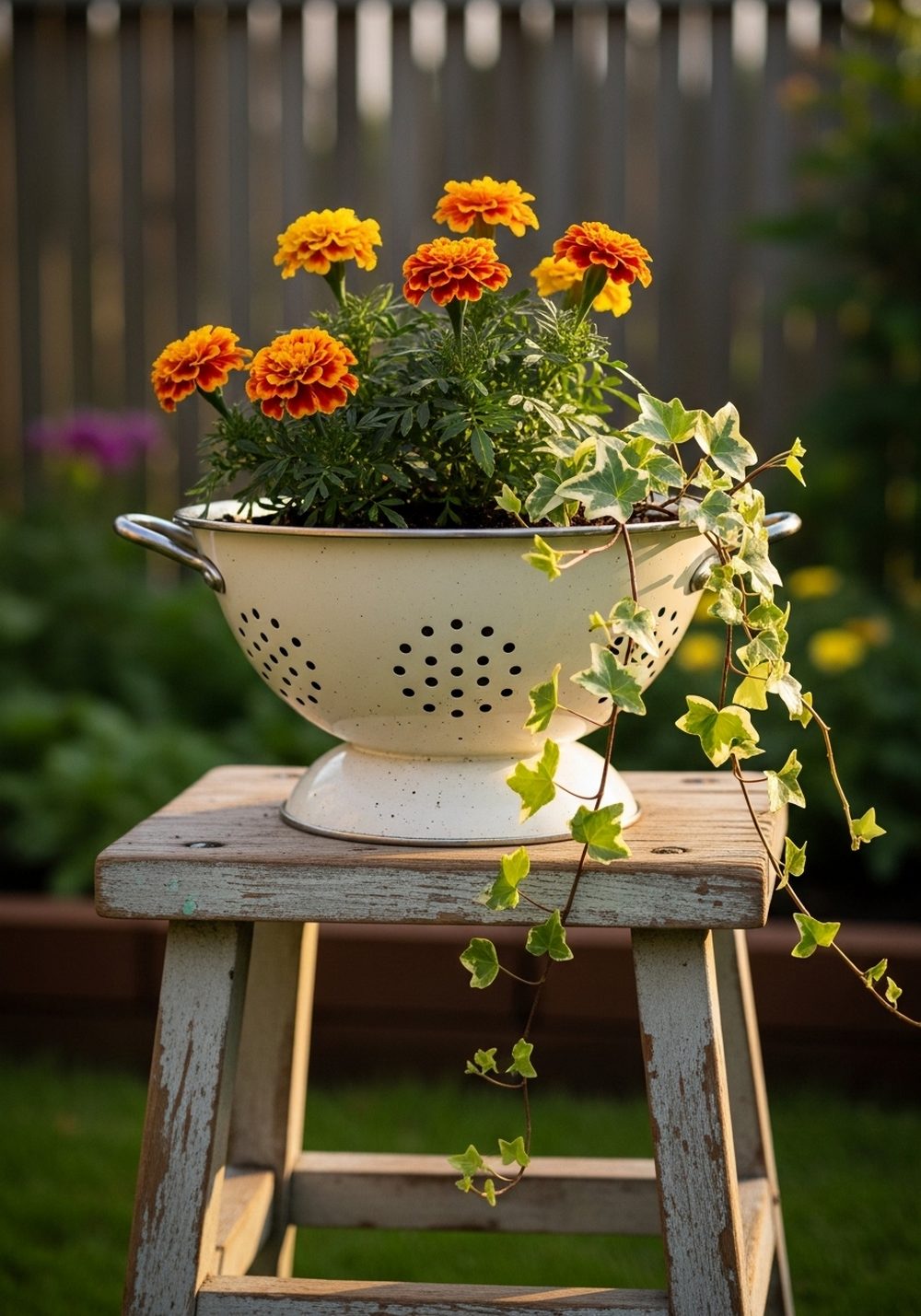 Colander Planter On A Rustic Stool