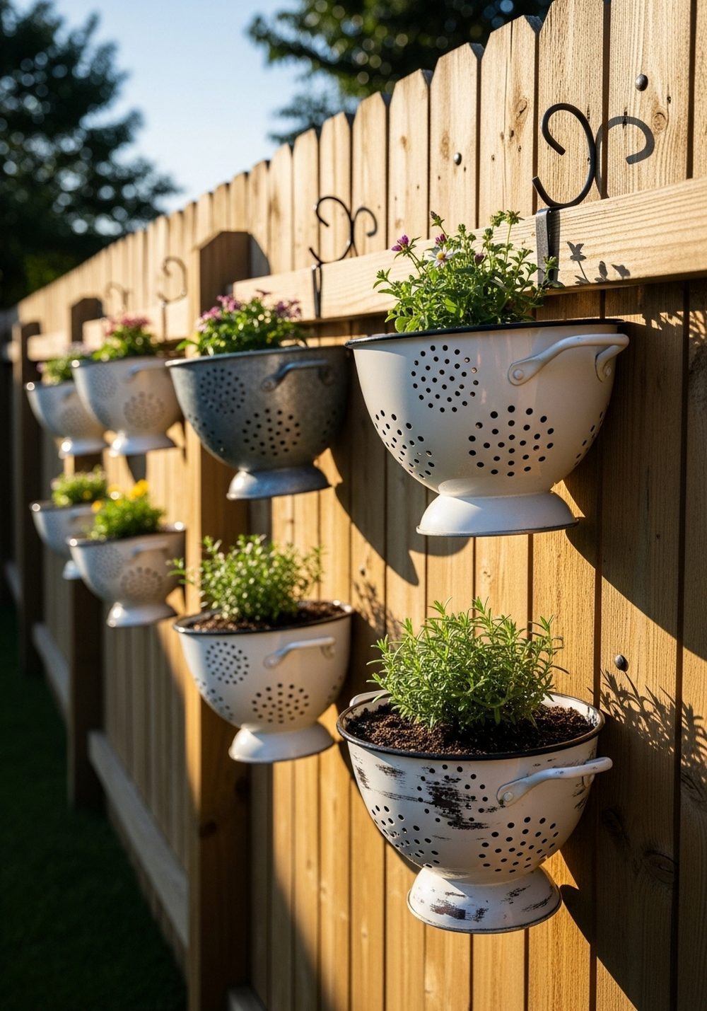 Colander Planters On Fence Hooks