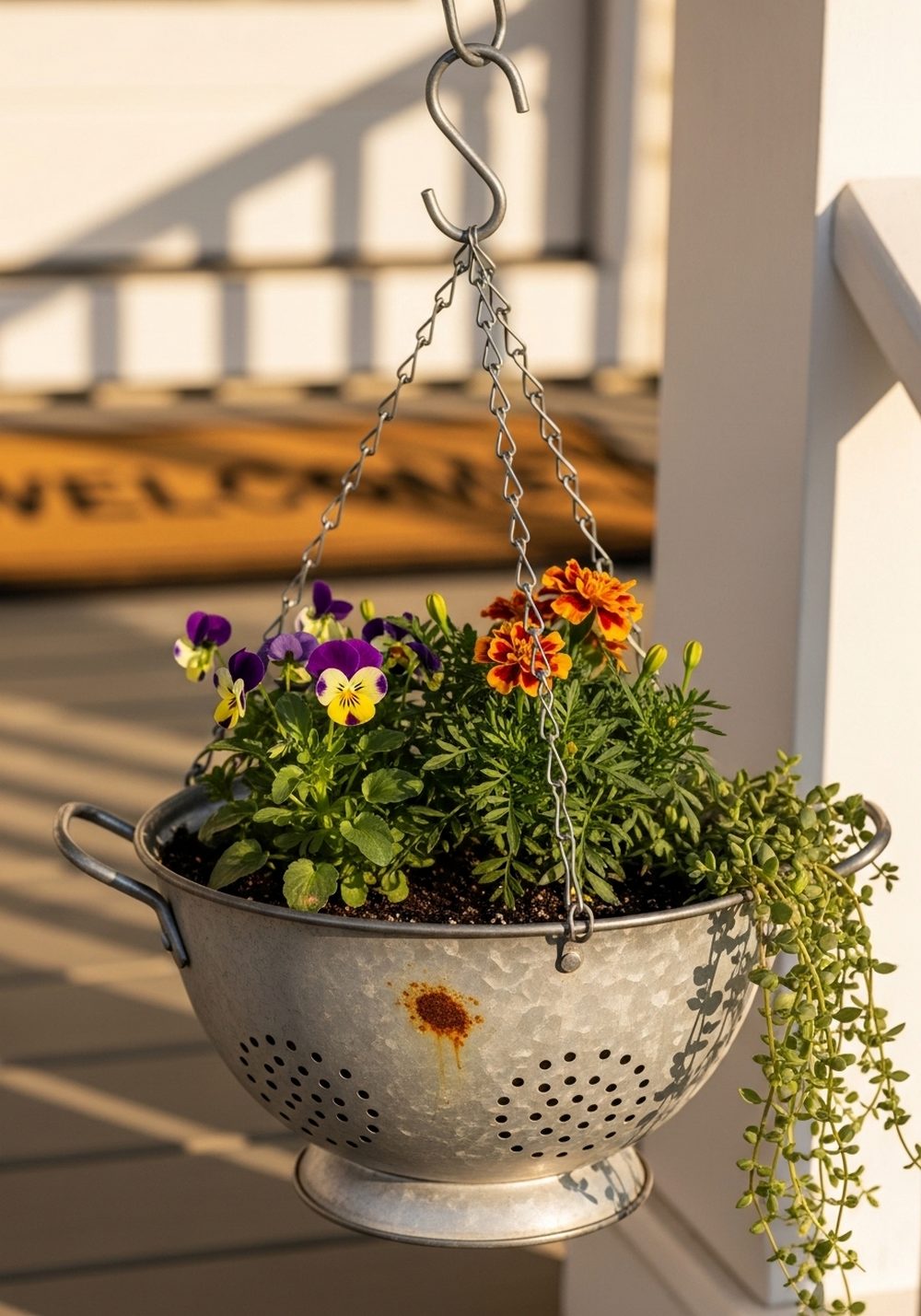 Colander With Seasonal Blooms For The Front Porch