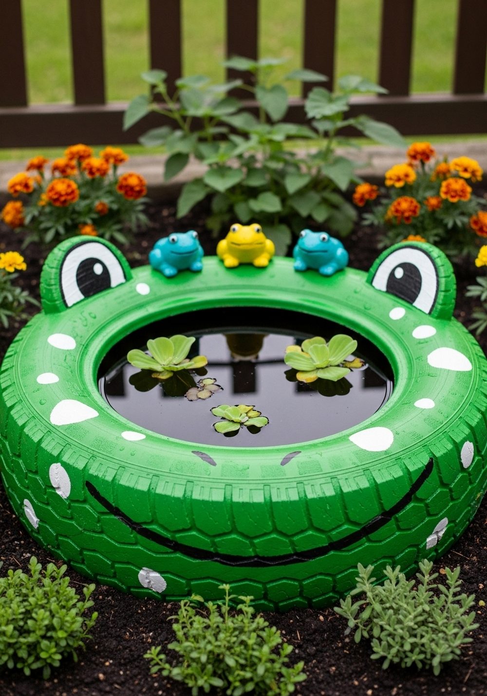 Color-Popped Tire Frog Pond With Painted Frogs