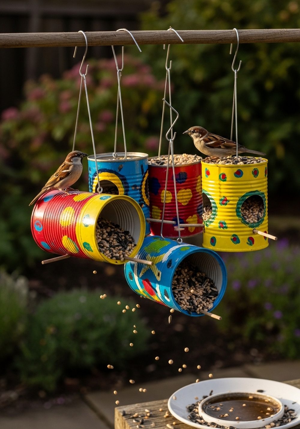 Colorful Tin Can Bird Feeder Station