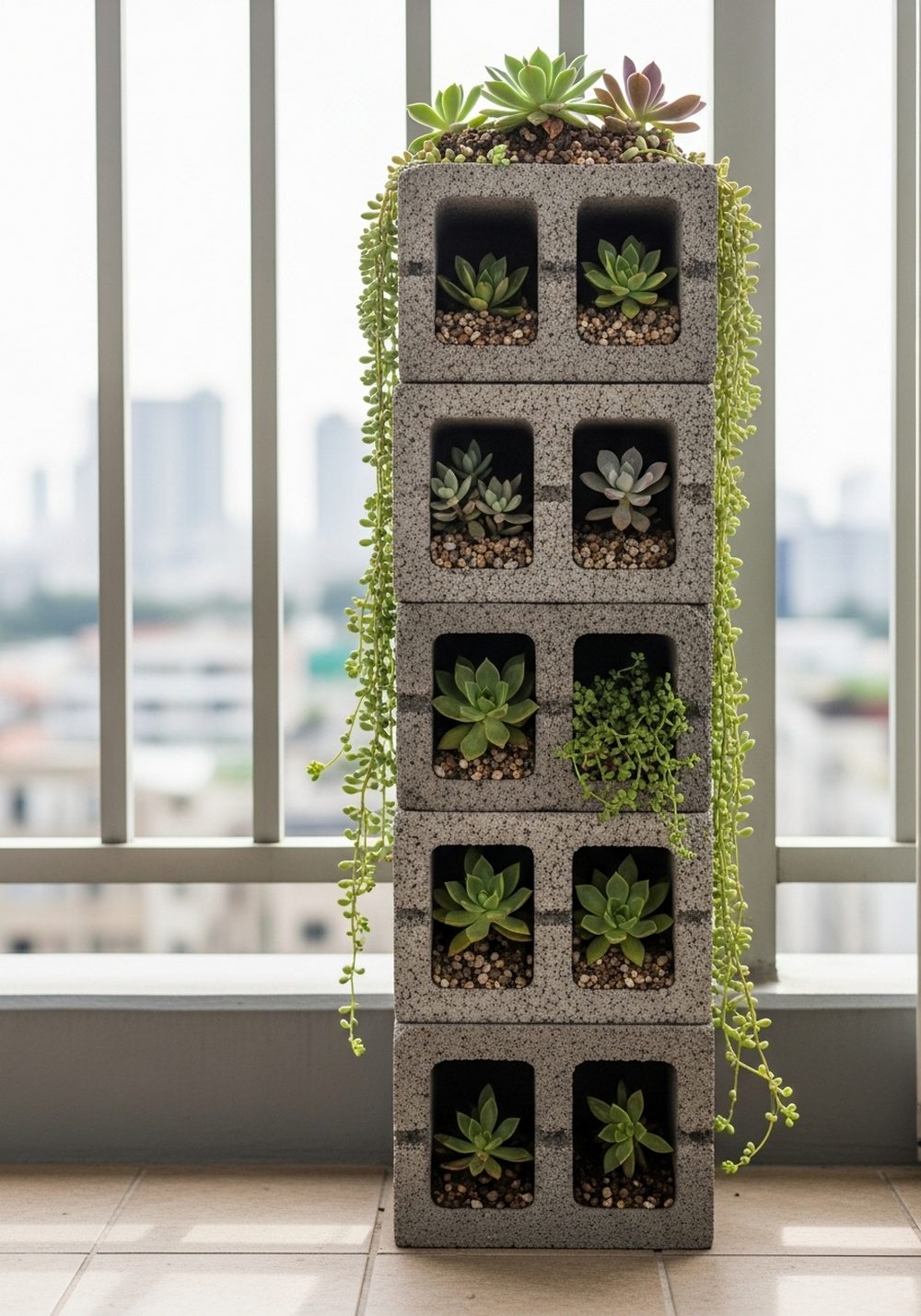 Compact Balcony Cinder Block Succulent Tower