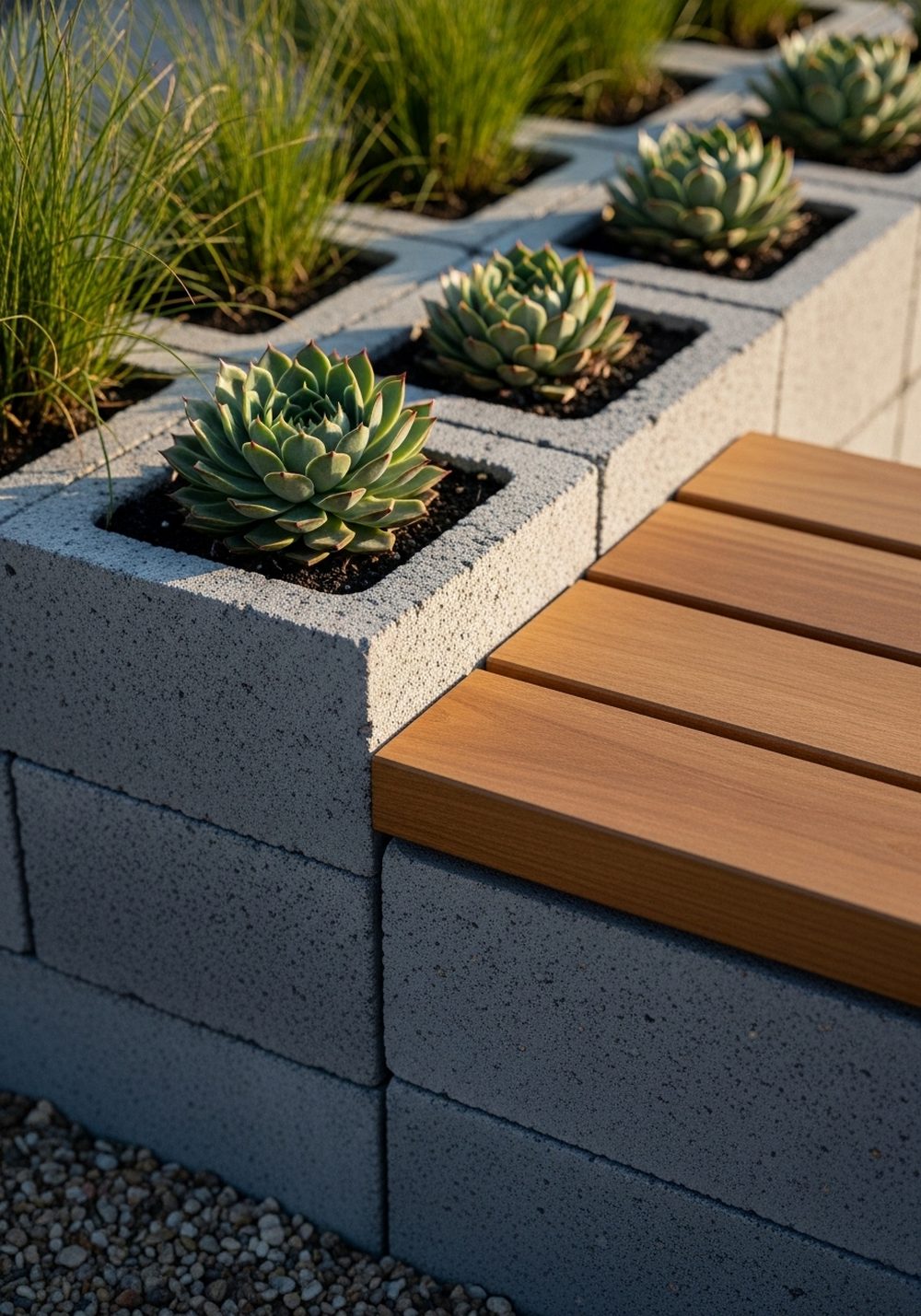 Concrete Block Bench With Built-In Planters