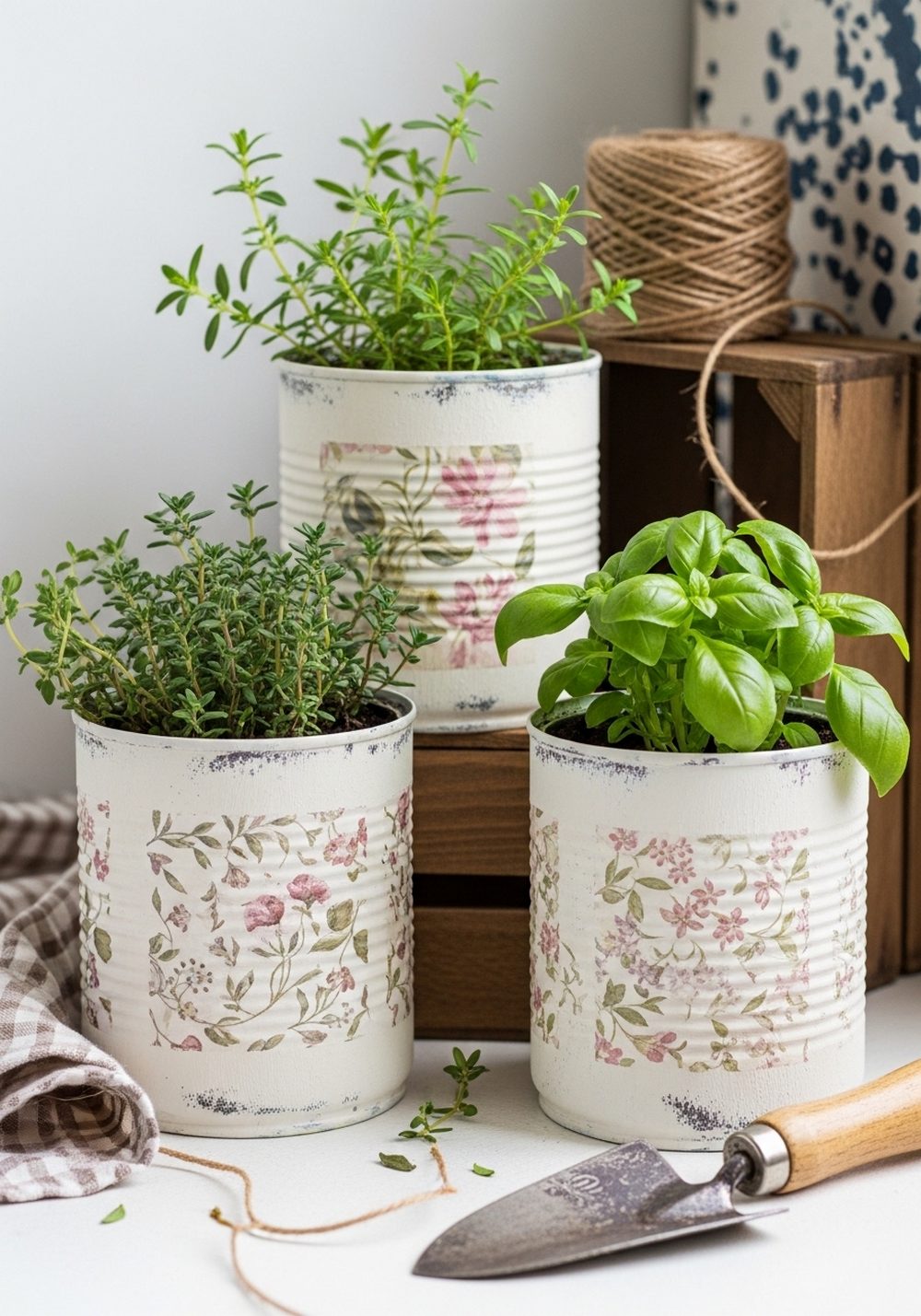 Cottage Floral Decoupage Tin Can Trio