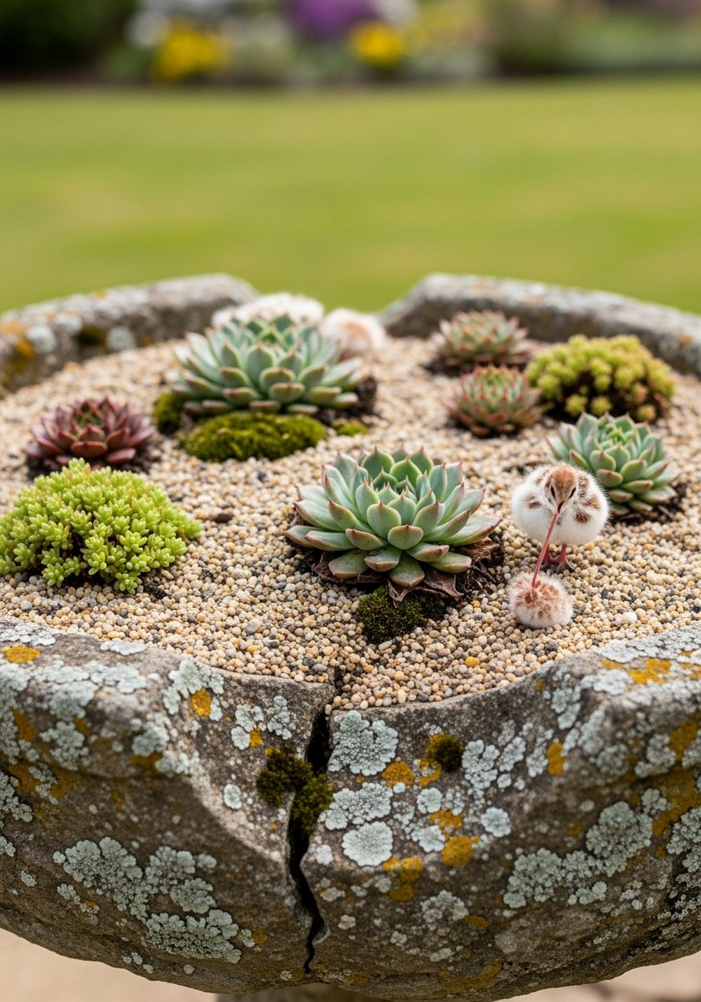 Cracked Birdbath Succulent Garden