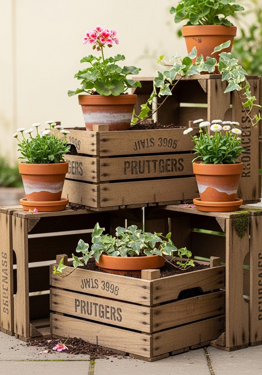 Crate And Pot Staircase Planter