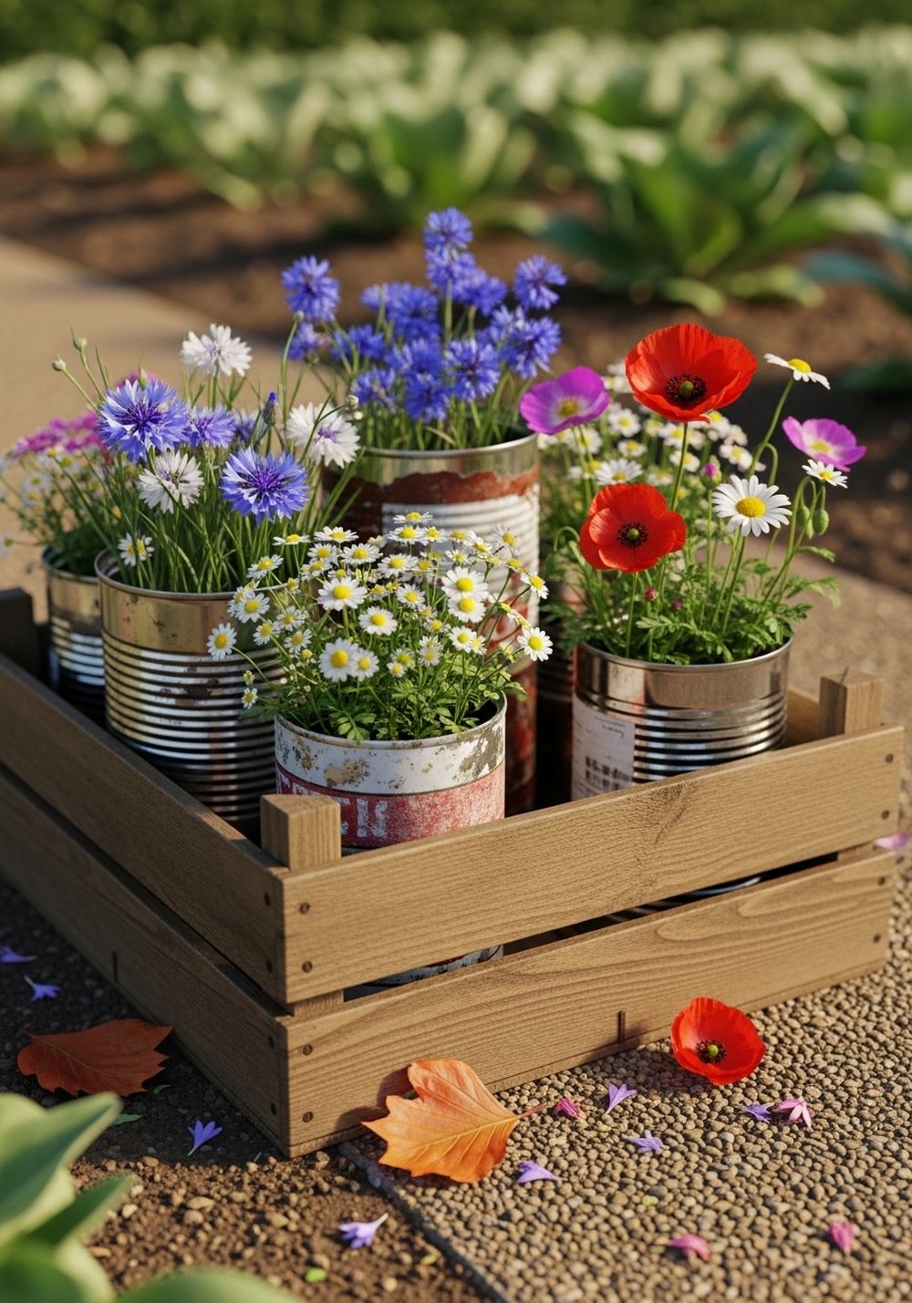 Crate Of Tin Can Wildflower Pots