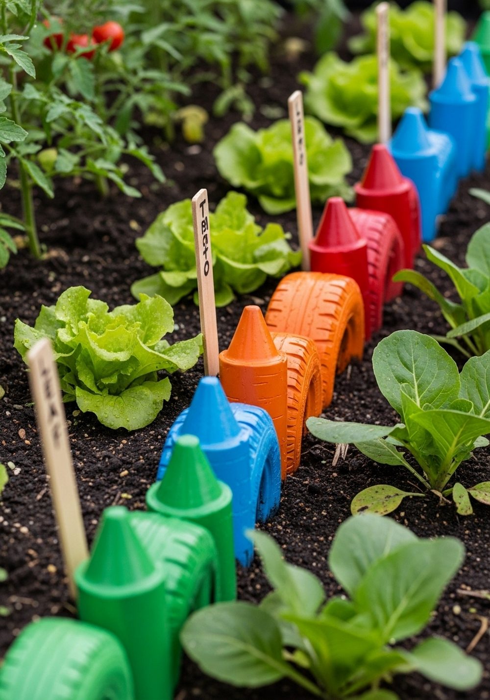 Crayon Tire Veggie Patch Edge With Plant Labels