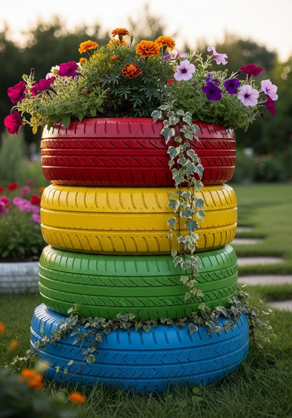 Create A Rainbow Stacked Tire Flower Tower