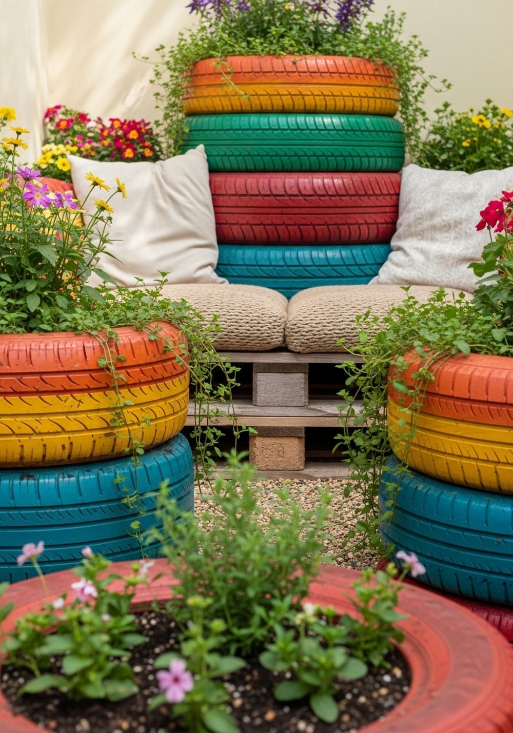 Create a Cozy Rainbow Tire Seating and Planter Nook