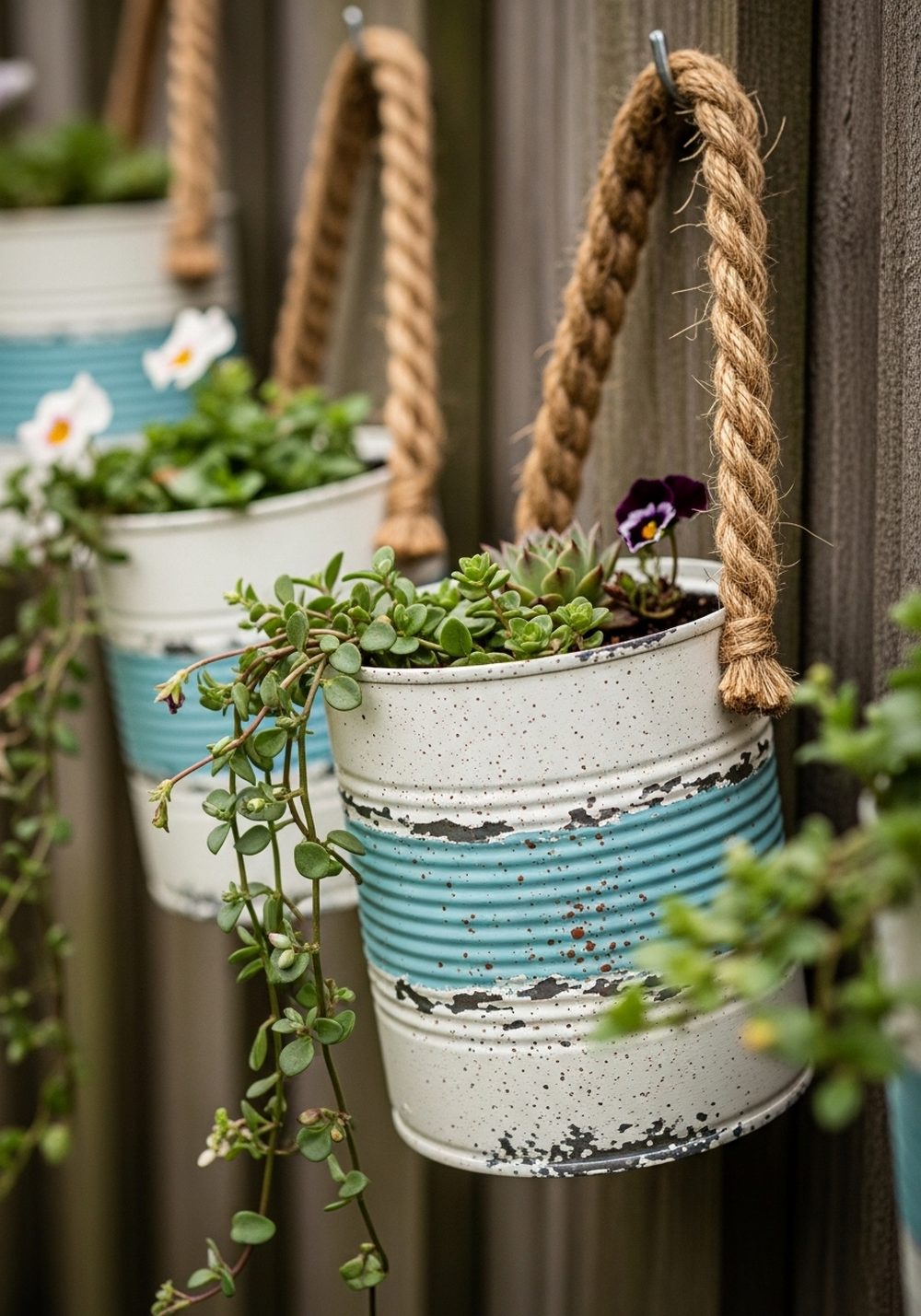 Distressed Hanging Tin Cans With Jute Handles