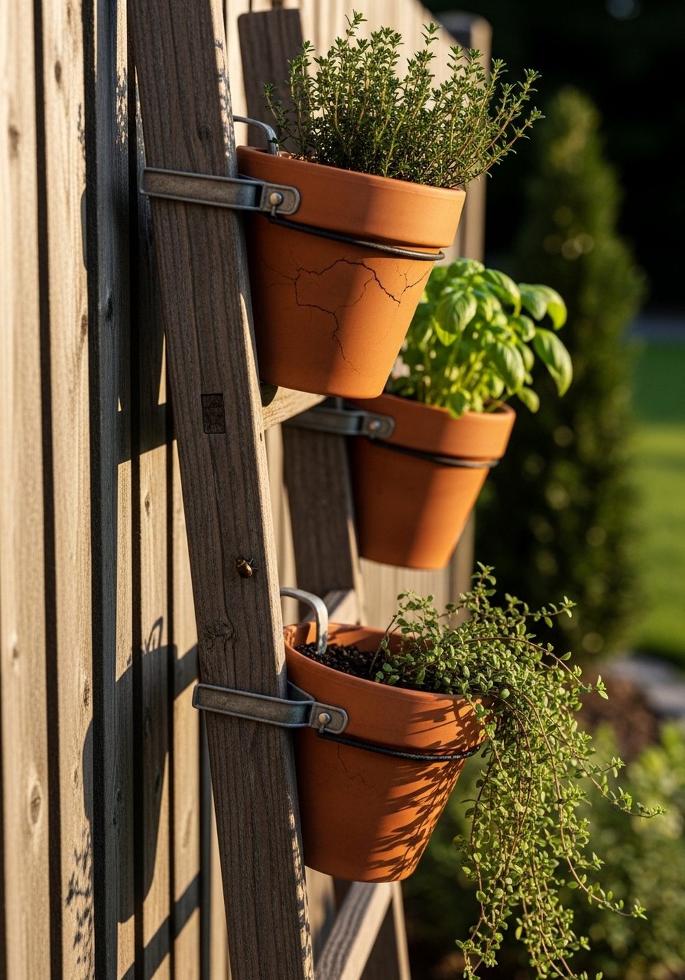 Fence-Leaning Ladder With Terracotta Herb Pots