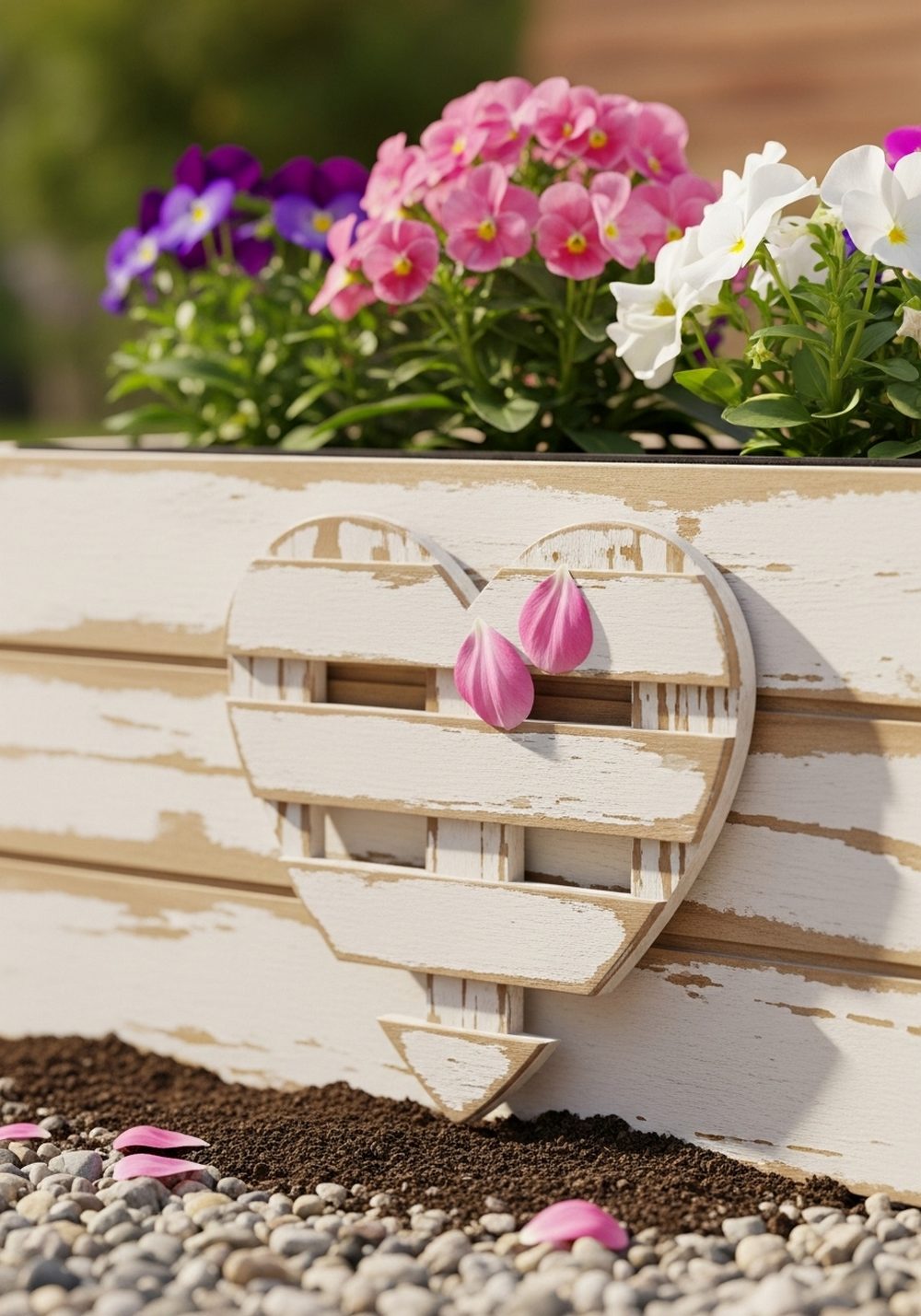 Flower-Framed Pallet Heart On A Planter Box