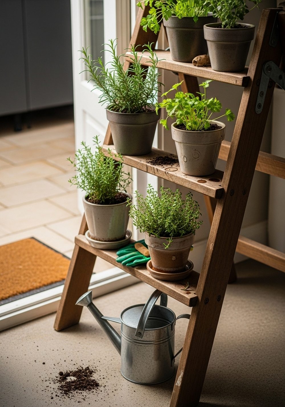 Folding Ladder Herb Station By The Back Door