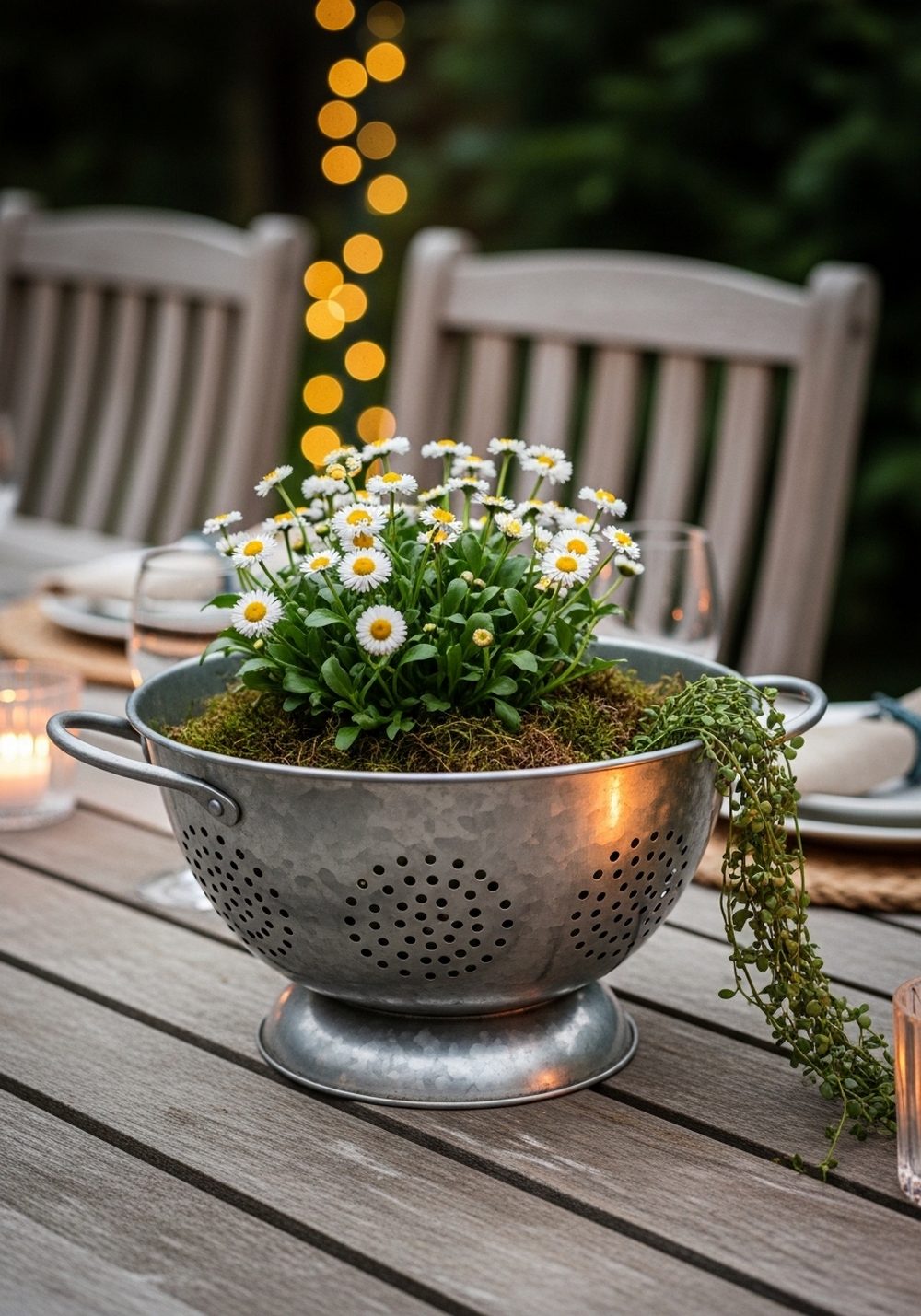 Galvanized Colander Tabletop Centerpiece