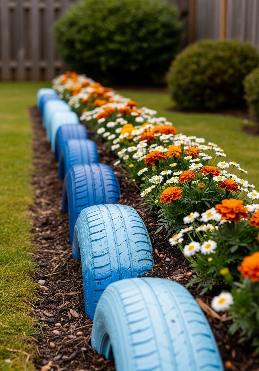 Half-Buried Ombre Tire Planter Border