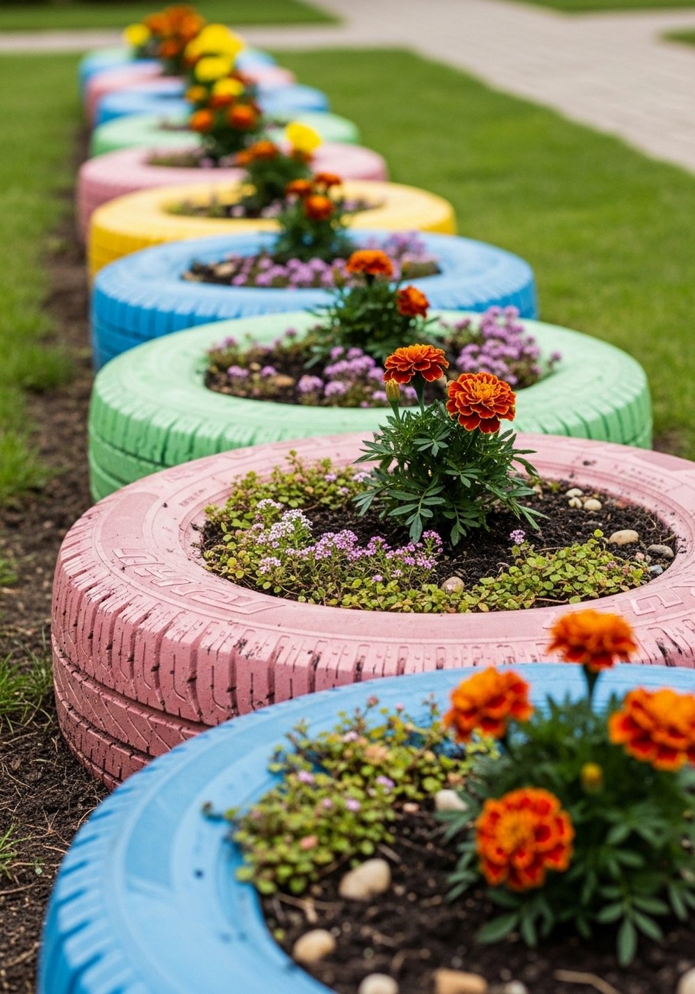 Half-Buried Tire Border Garden