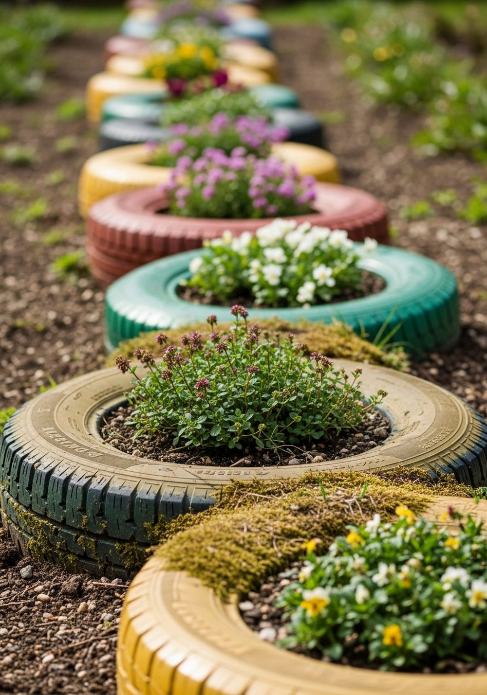 Half-Buried Tire Planters For A Wavy Flower Bed