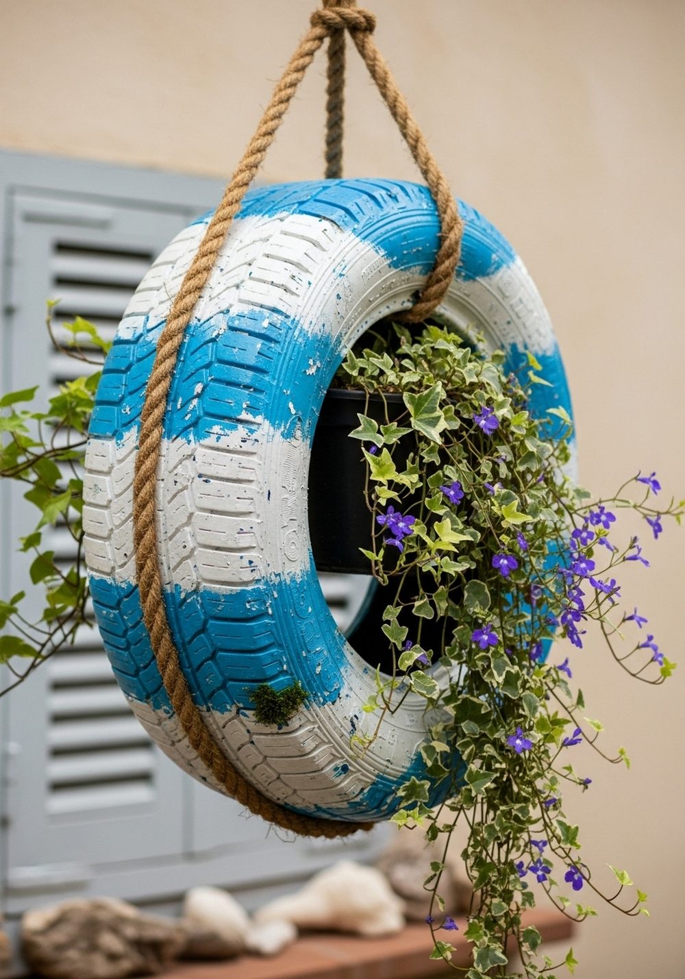 Hang A Coastal Blue Painted Tire Planter