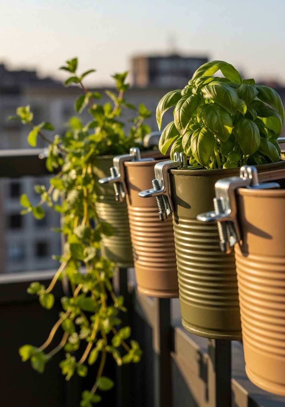 Hanging Herb Cans On A Balcony Railing