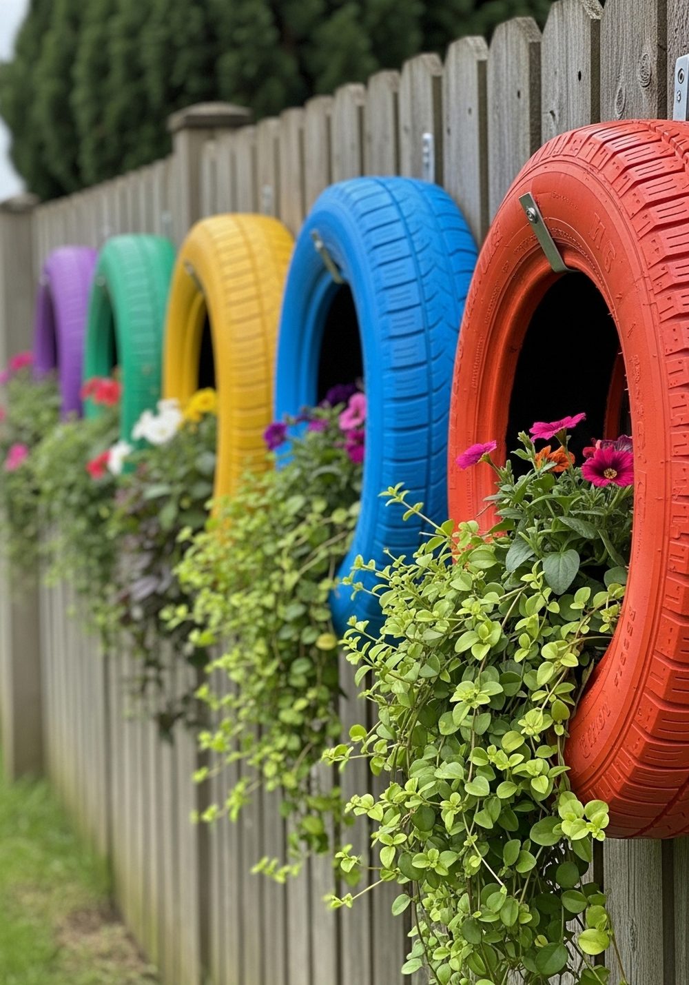 Hanging Rainbow Tire Rings On A Fence