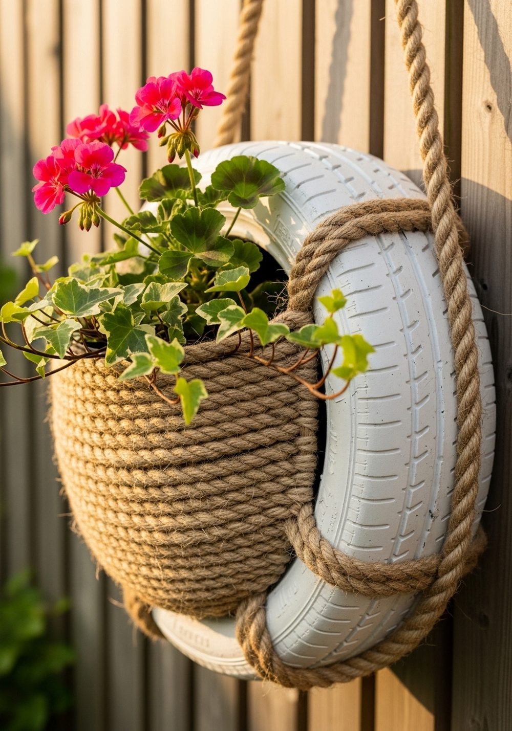 Hanging Rope-Wrapped Tire Planter