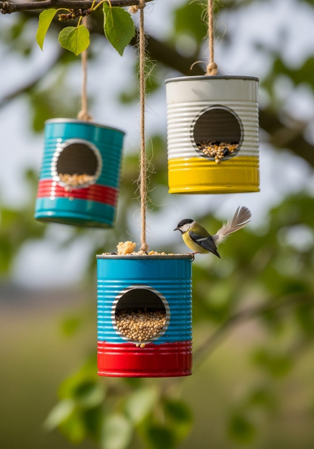 Hanging Tin Can Bird Feeders On A Branch