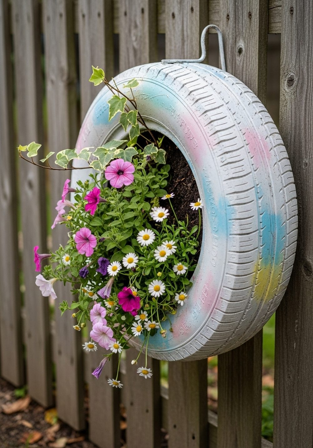Hanging Tire Flower Wreath On A Fence