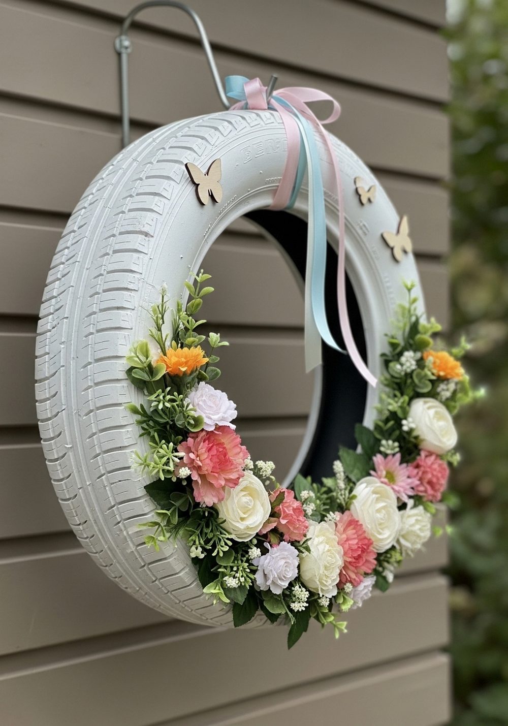 Hanging Tire Flower Wreath